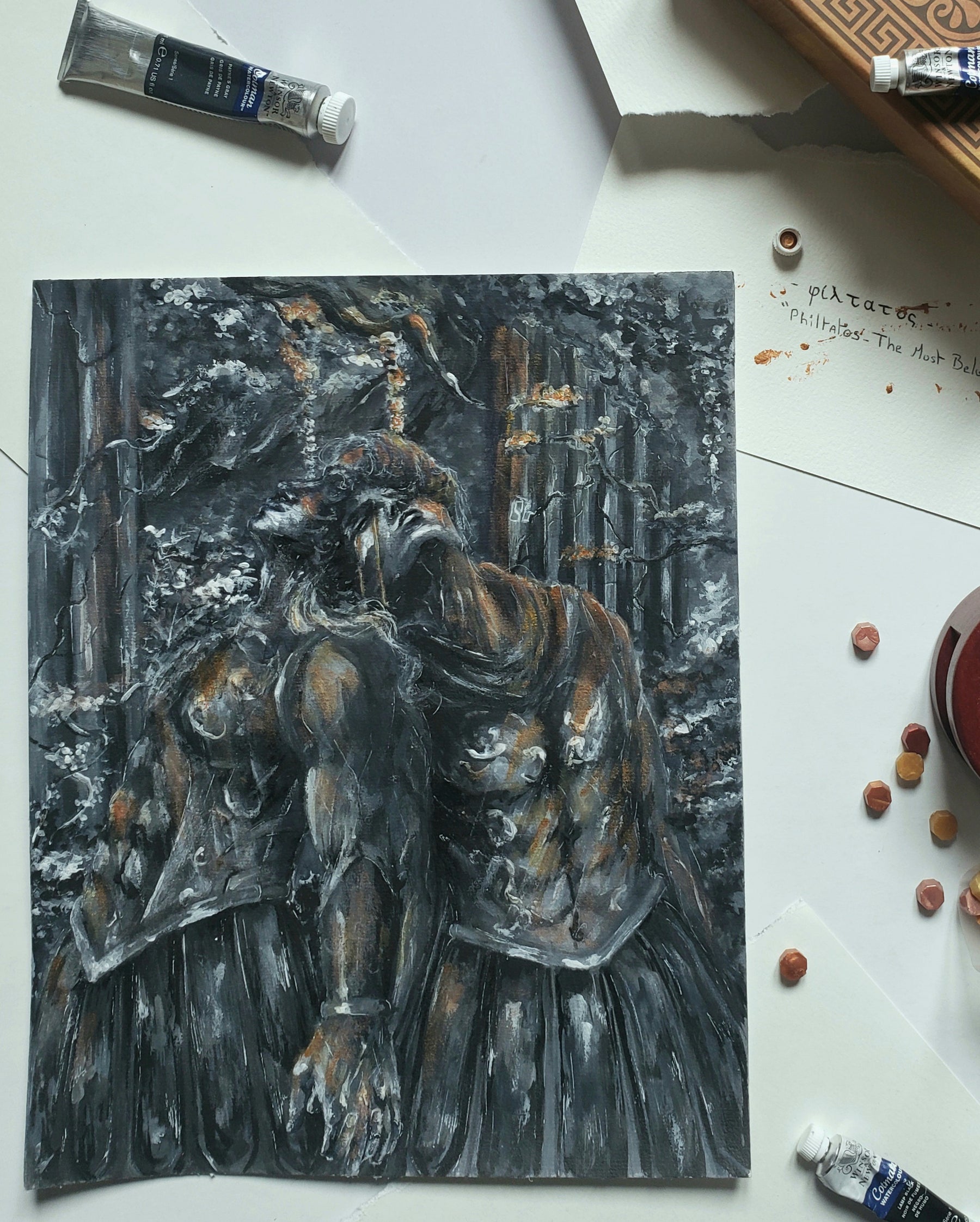 "Philtatos-The Most Beloved"- Watercolor & acrylic on paper - Achilles & Patroclus I