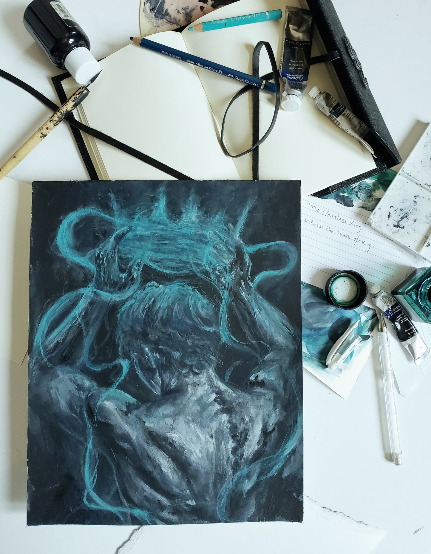 fantasy king creating a blue crown with his powers, holding it on top his head. Painting for the fantasy lovers and collectors.