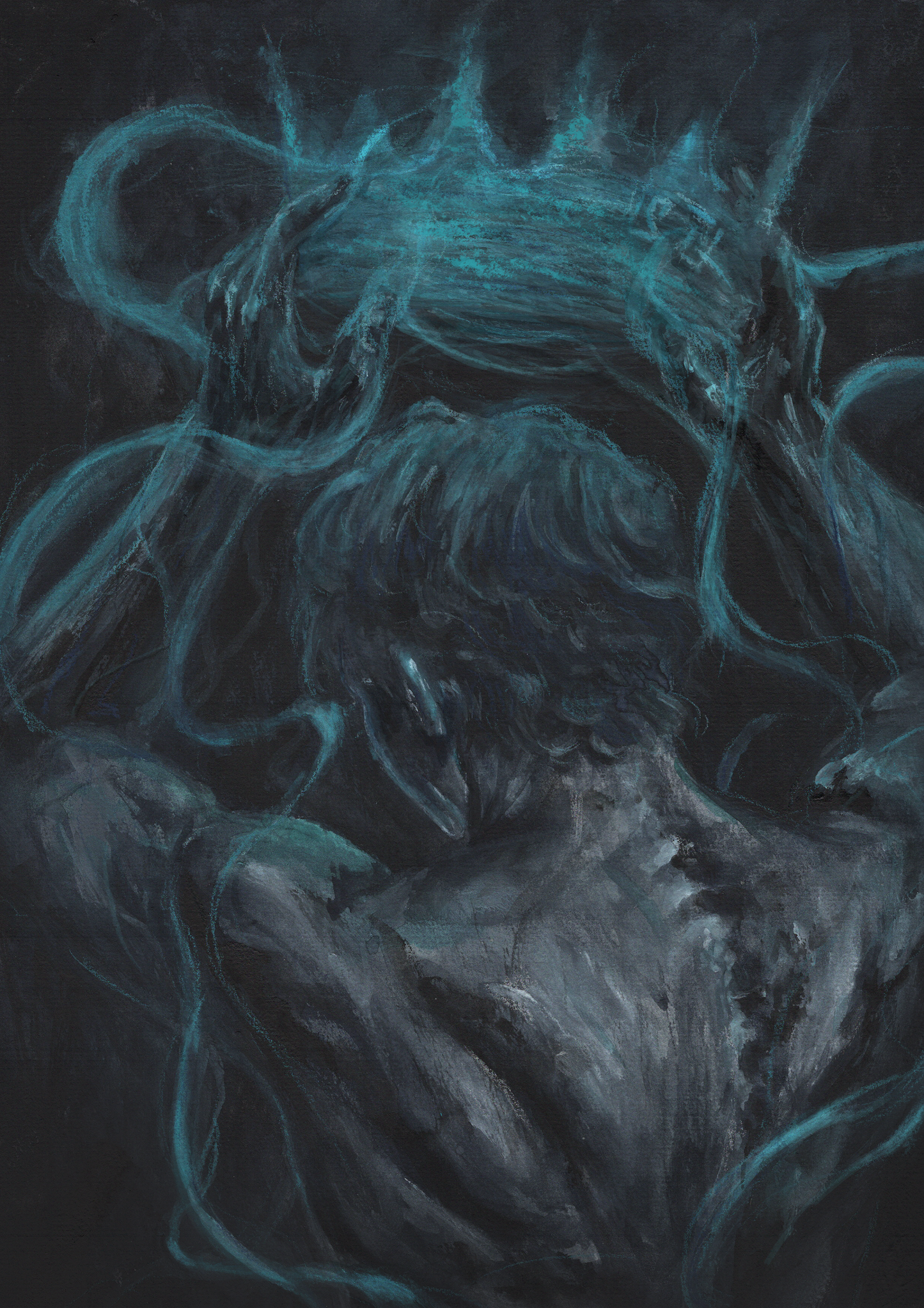 fantasy king creating a blue crown with his powers, holding it on top his head. Print for the fantasy lovers and collectors.