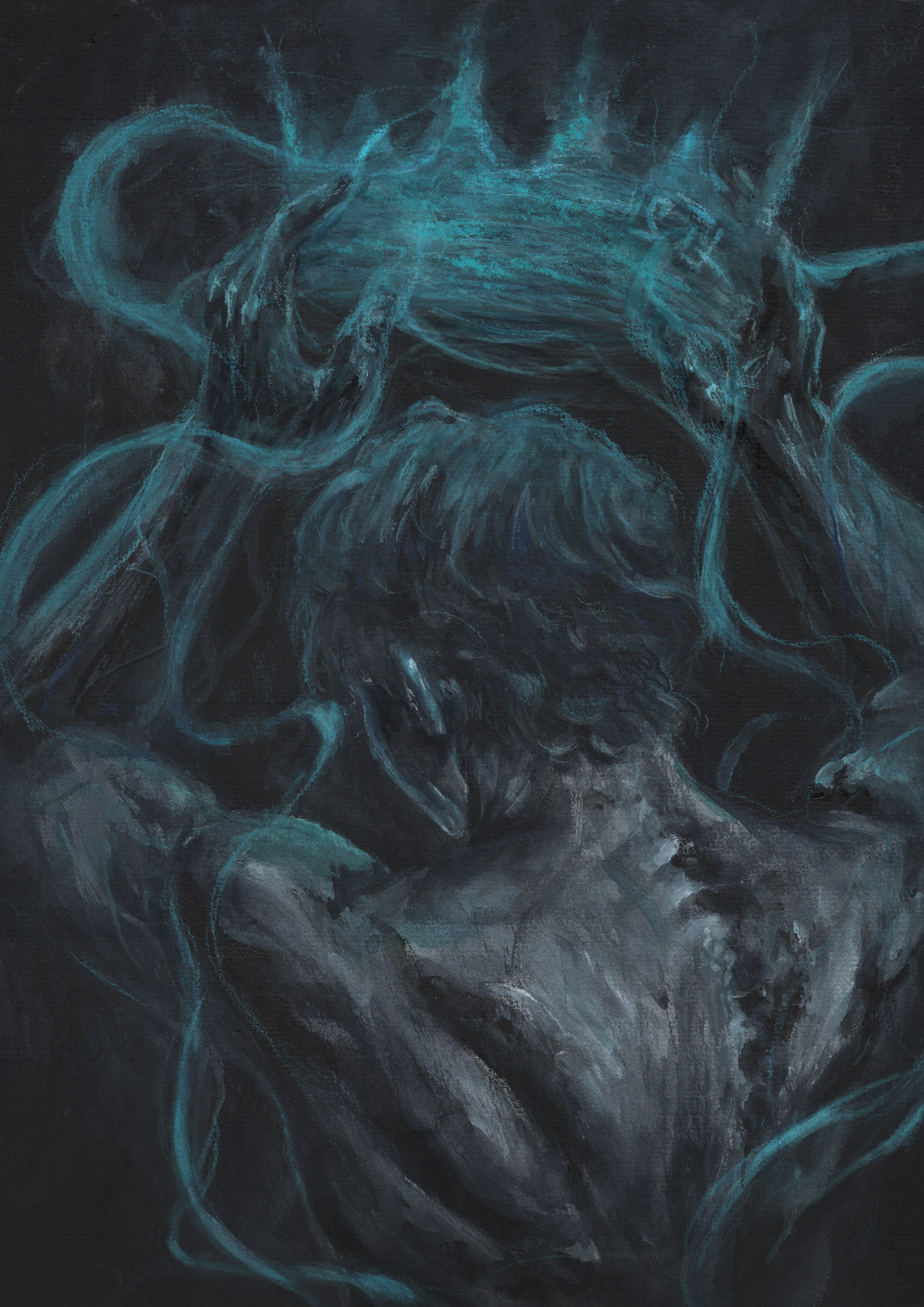 fantasy king creating a blue crown with his powers, holding it on top his head. Print for the fantasy lovers and collectors.
