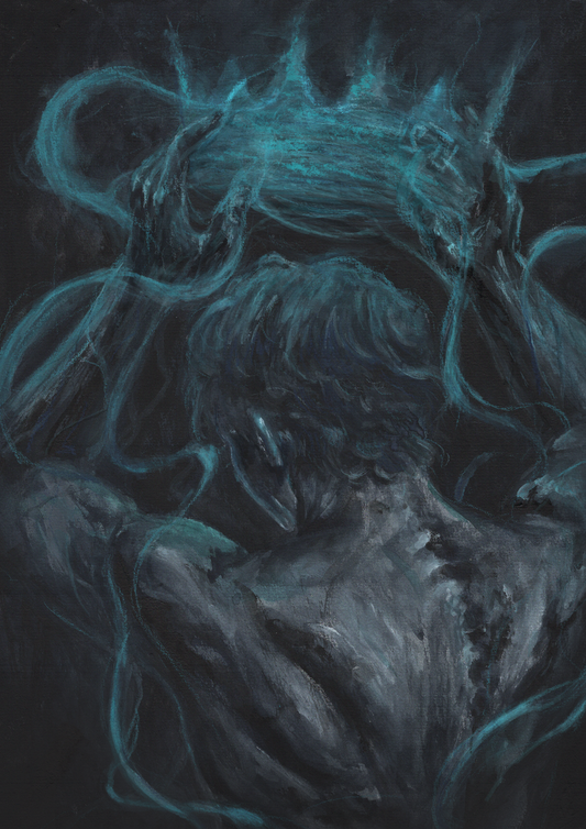 fantasy king creating a blue crown with his powers, holding it on top his head. Print for the fantasy lovers and collectors.