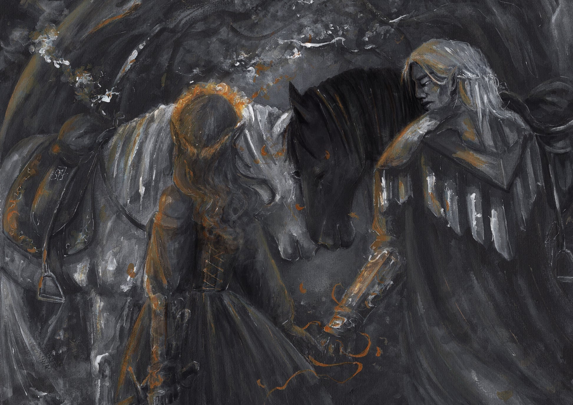 Fae warrior couple art print depicting a final farewell before battle. Knight and princess trope with horses in the background