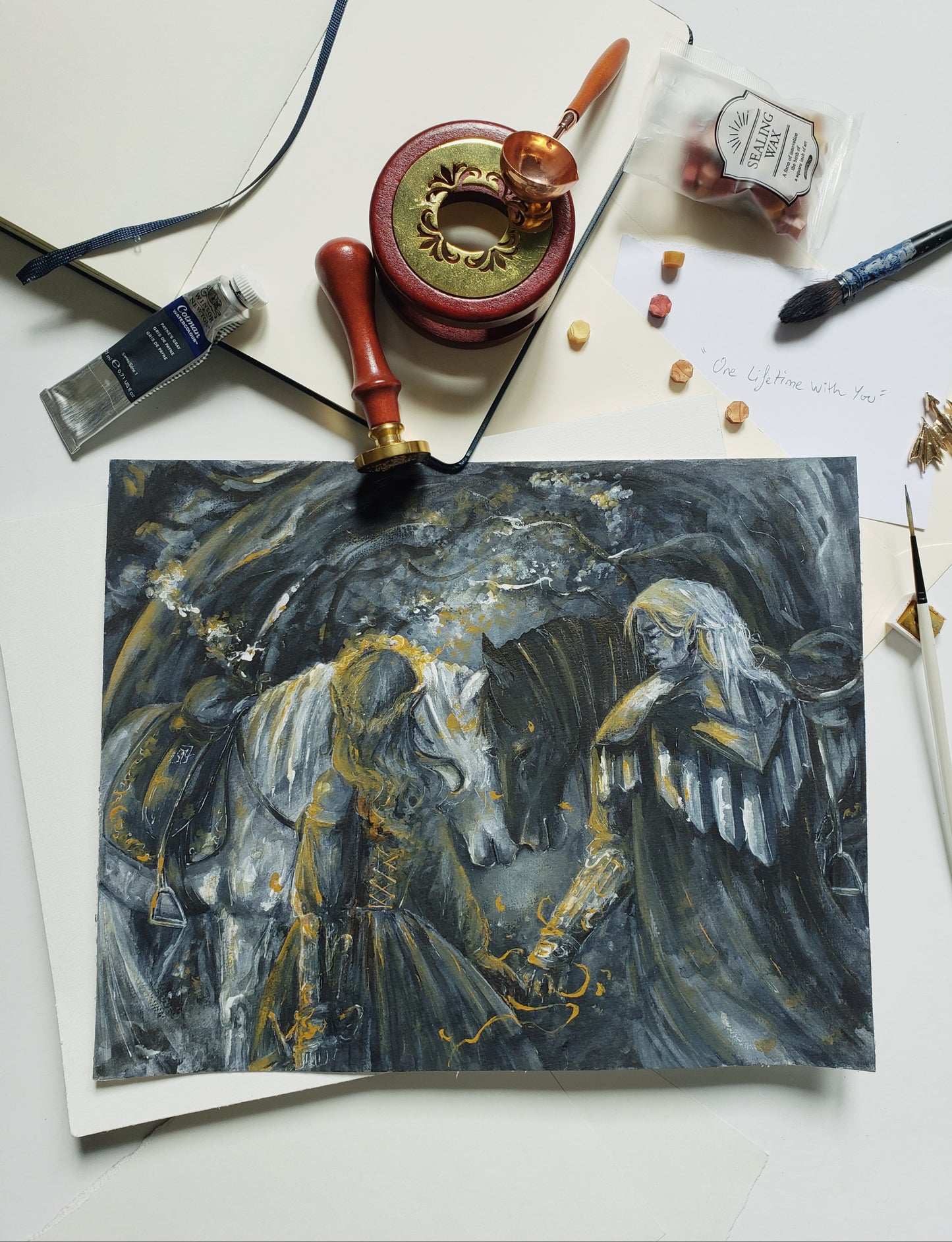 Fae warrior couple art print depicting a final farewell before battle. Knight and princess trope with horses in the background.