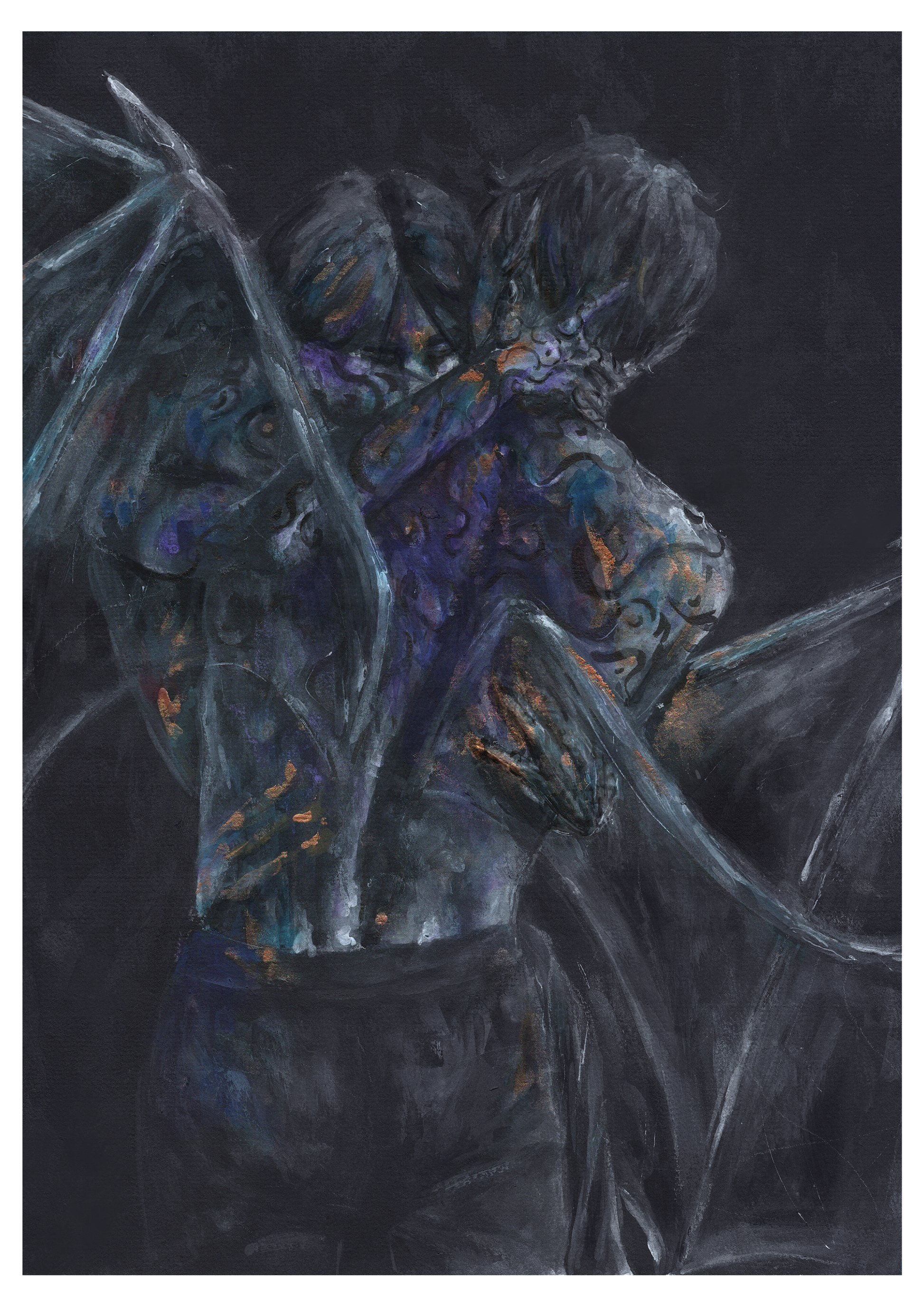 Fantasy couple painting featuring a winged lover and his beloved in an embrace, covered in paint. Fine art for fantasy, romantasy lovers and collectors looking for home decor.