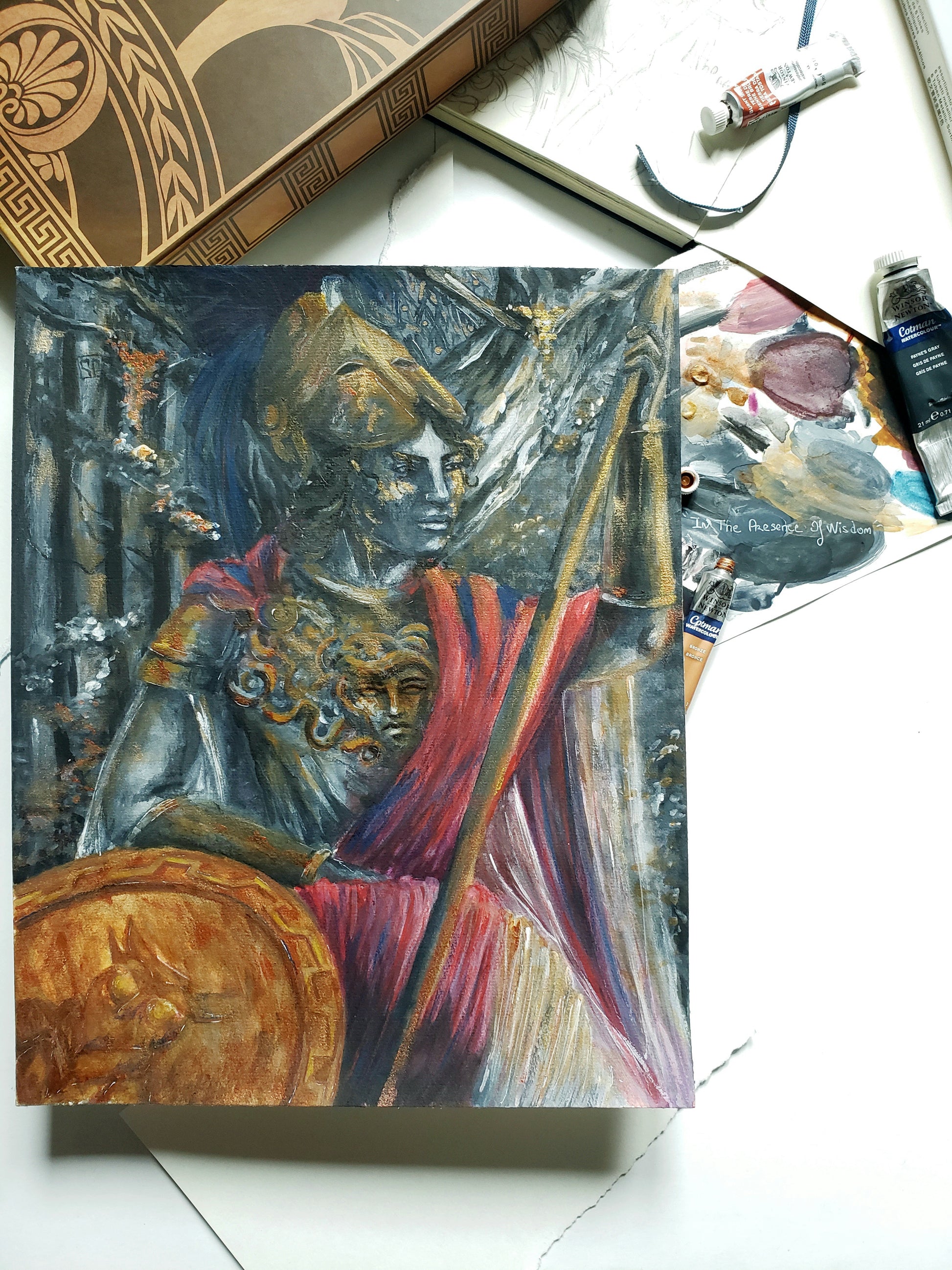Athena the greek godess wearing armor with shield, spear and helmet. Mythology inspired painting.