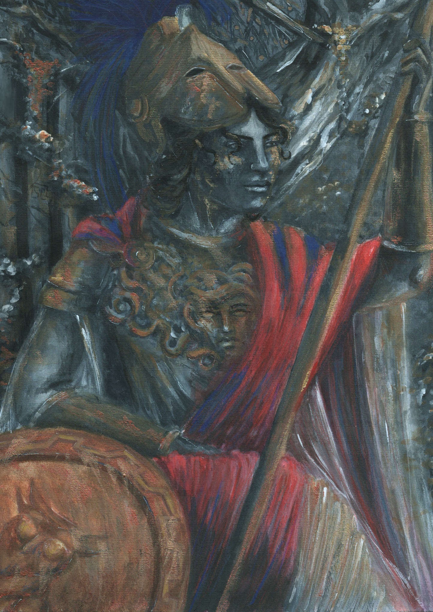 Athena greek godess wearing armor, aegis, shield, helmet and spear. A mythology artwork as a fine art print.