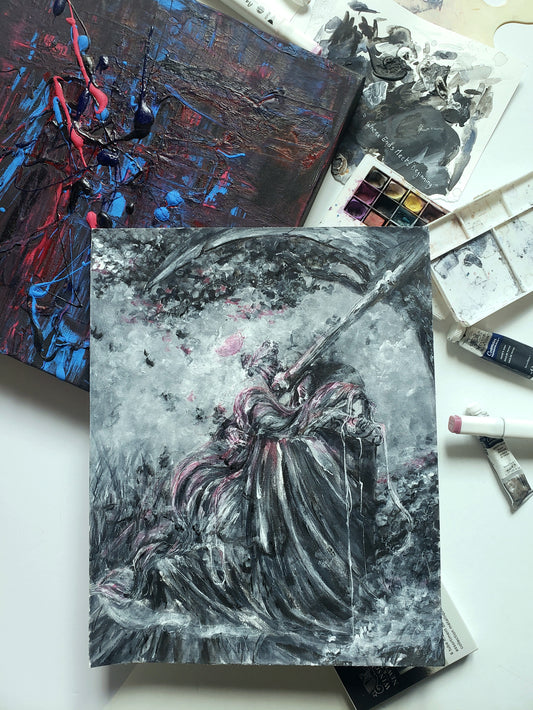 Fantasy painting depicting Life and Death in a tender but powerful embrace, in love. A symbolic work for romantasy lovers and collectors. 